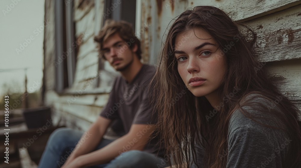 A girl with a thoughtful face is sitting by a dilapidated building, next to a guy immersed in thought, their poses and glances convey the atmosphere of unresolved conflict. A girl with a thoughtful face is sitting by a dilapidated building, next to a guy immersed in thought, their poses and glances convey the atmosphere of unresolved conflict.