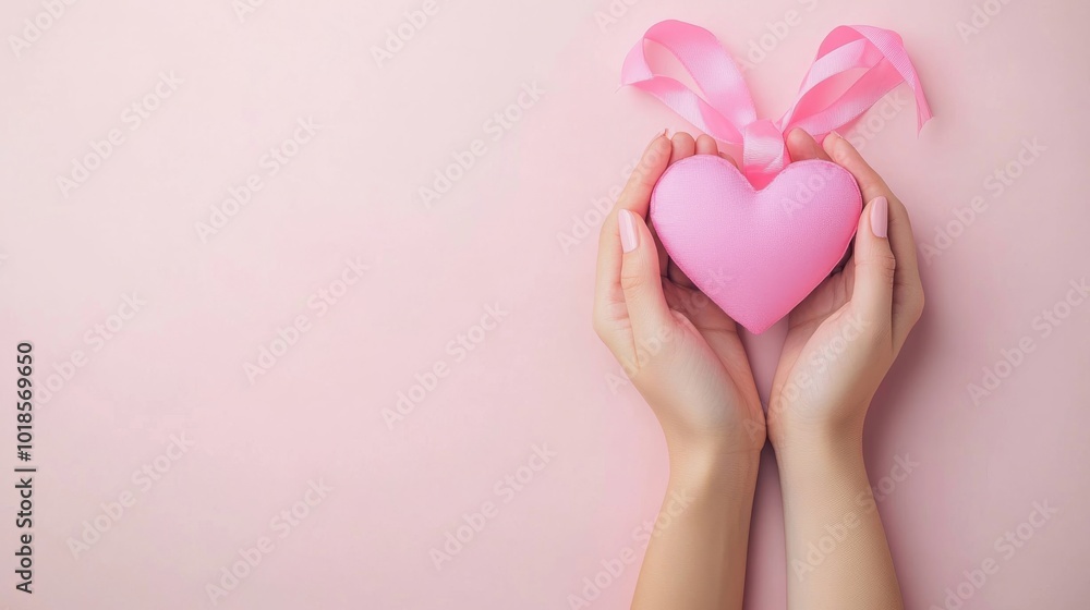 Hands holding a pink heart-shaped object with ribbons on a soft pink background showcasing love and affection Hands holding a pink heart-shaped object with ribbons on a soft pink background showcasing love and affection