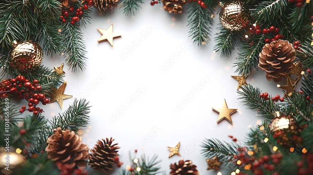 Christmas card with space for text with fir branches, red balls, pine cones and ribbons. New Year desktop wallpaper with winter decor. Christmas card with space for text with fir branches, red balls, pine cones and ribbons. New Year desktop wallpaper with winter decor.