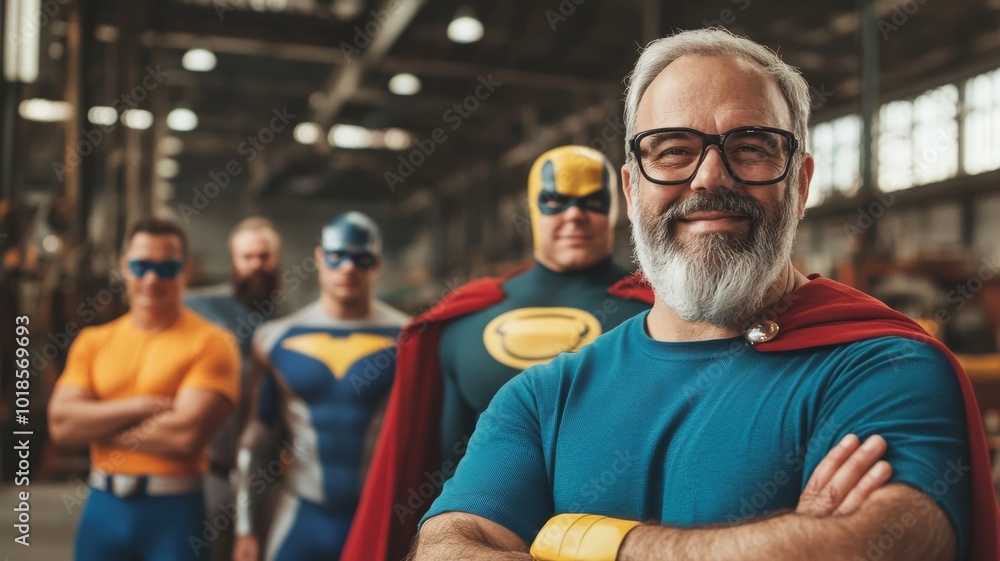 Happy business owner in his late 50s and his large diverse team dressed as famous superheroes, Fantastic workforce. Best candidate super human efforts Happy business owner in his late 50s and his large diverse team dressed as famous superheroes, Fantastic workforce. Best candidate super human efforts