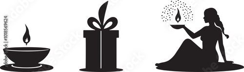 Set of Diwali Diya and other objects on a white background. Vector illustration