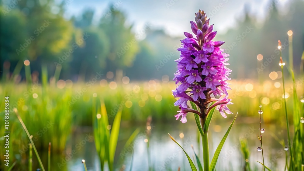 Obraz premium DELICATE PURPLE MARSH ORCHID Blooms amidst lush greenery in a serene wetland scene, its intricate petals and stems
