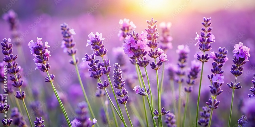 Naklejka premium Delicate purple lavender blooms sway gently in a soft, serene field, exuding calming elegance and tranquility, perfect