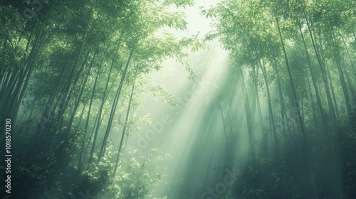 Sunlight Streaking Through a Misty Bamboo Forest