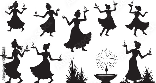 Set of silhouettes of beautiful human being posing for their traditional dance related to festival