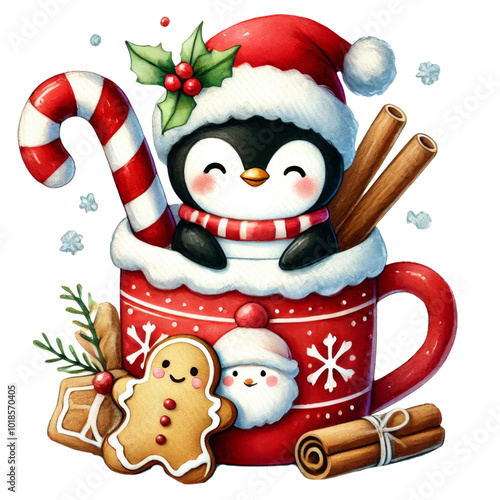 Penguin in Santa hat sitting in a red Christmas mug with gingerbread cookies, candy cane, and gift. Festive watercolor illustration.