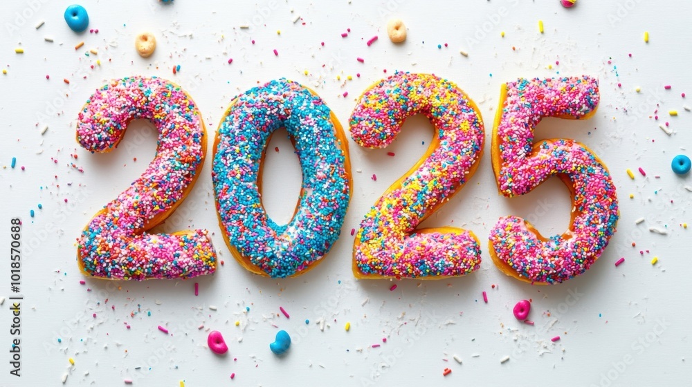 Colorful donuts shaped like the year 2025 with vibrant sprinkles scattered on a white background for celebration Colorful donuts shaped like the year 2025 with vibrant sprinkles scattered on a white background for celebration