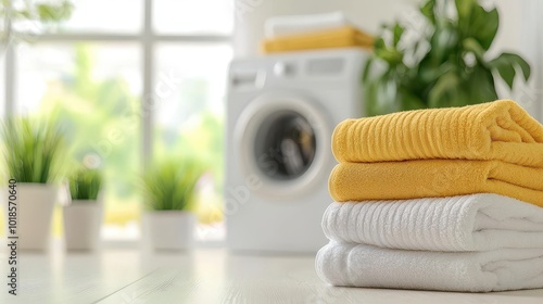Clean, bright laundry folded in a stylish modern room with natural light, modern laundry setting, cleanliness and design