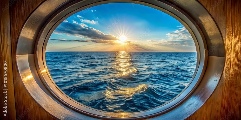A golden sunset casts long rays across the vast expanse of the ocean, as seen through the circular porthole of a vessel, a glimpse of nature's grandeur and the boundless horizon. A golden sunset casts long rays across the vast expanse of the ocean, as seen through the circular porthole of a vessel, a glimpse of nature's grandeur and the boundless horizon.