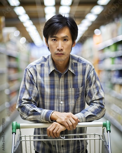 食料品店でカートで買い物をするアジア人男性