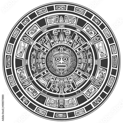Circular Aztec Calendar with Central Deity and Glyphs