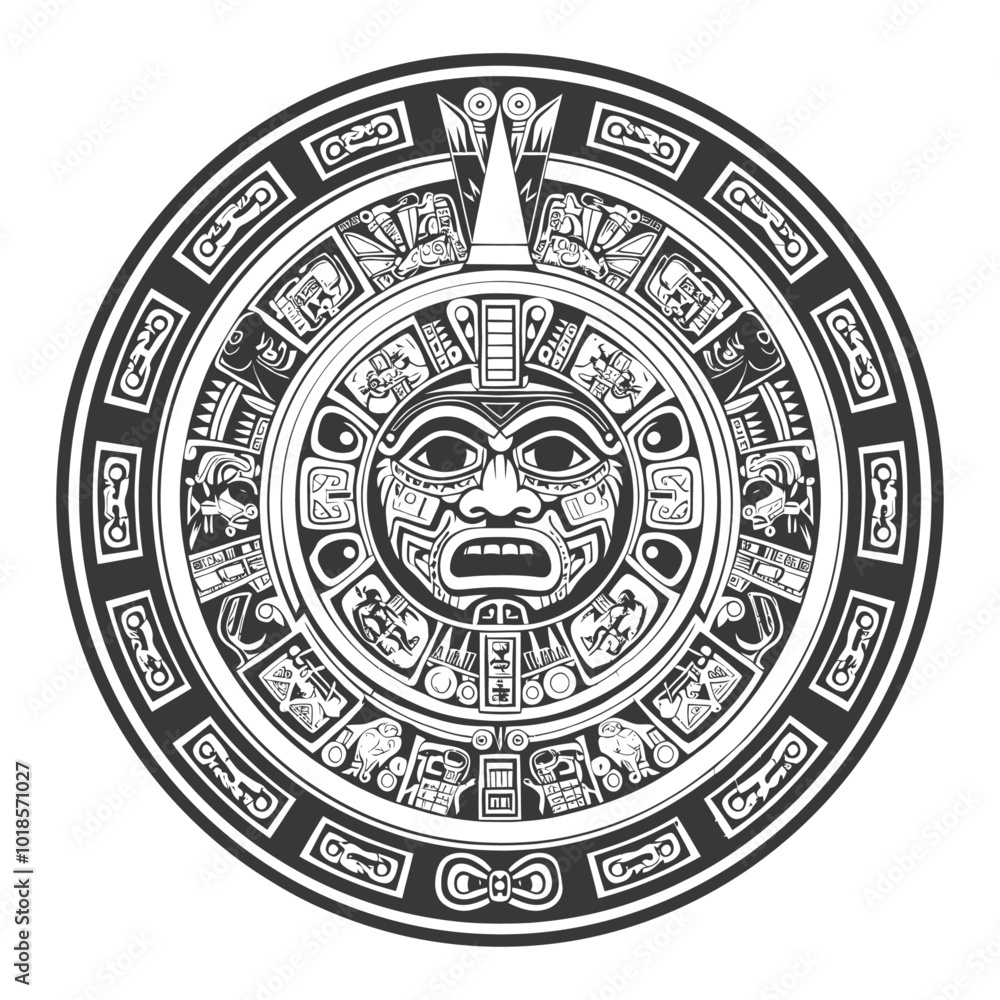 Circular Aztec calendar with central deity face and surrounding glyphs Circular Aztec calendar with central deity face and surrounding glyphs