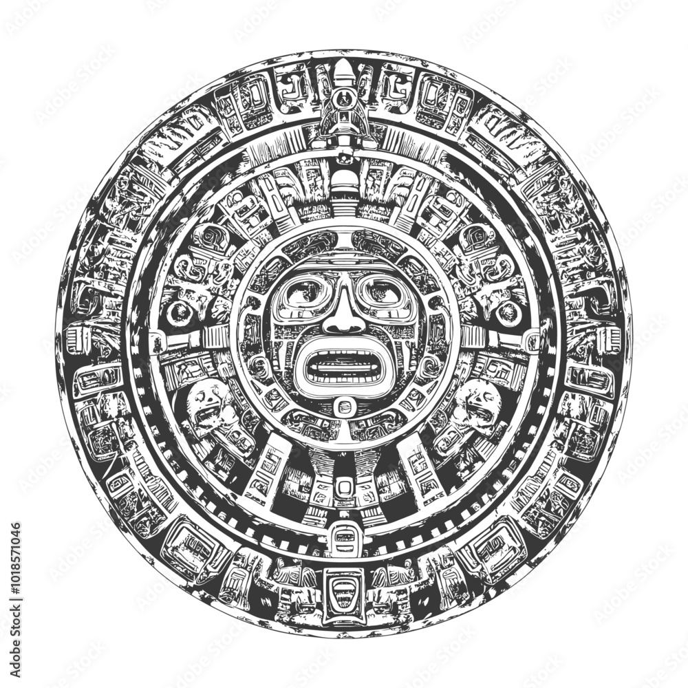Circular Aztec Calendar with Central Face and Intricate Designs Circular Aztec Calendar with Central Face and Intricate Designs