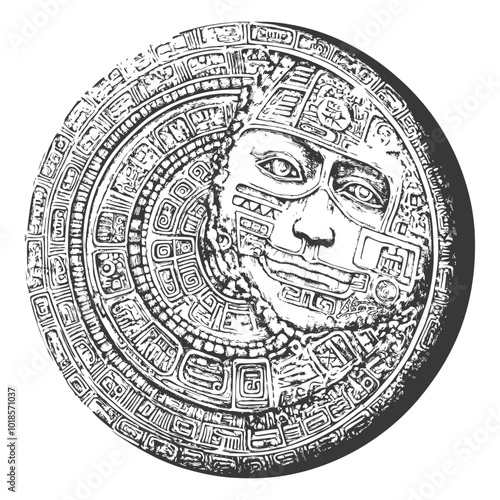 Circular Aztec Calendar Stone with Face and Geometric Designs