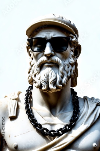 Greek Zeus statue wearing trendy sunglasses and wearing a cool chain necklace on an isolated white background combining retro style with modern fun photo