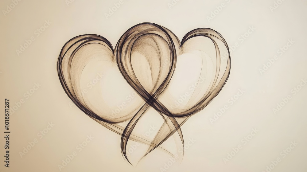 Two intertwined hearts in continuous line art, romantic and simple. Two intertwined hearts in continuous line art, romantic and simple.