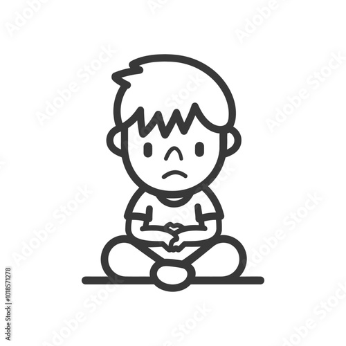 Cartoon Illustration of a Sad Boy Sitting with His Arms Crossed