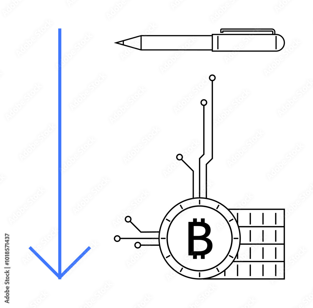 A pen, a downward blue arrow, and a Bitcoin symbol interconnected with digital circuits. Ideal for cryptocurrency, financial strategy, blockchain technology, futuristic finance, investment planning A pen, a downward blue arrow, and a Bitcoin symbol interconnected with digital circuits. Ideal for cryptocurrency, financial strategy, blockchain technology, futuristic finance, investment planning