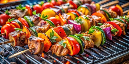 Delicious kebab barbecue grill with skewers of meat and vegetables ready for grilling outdoors photo