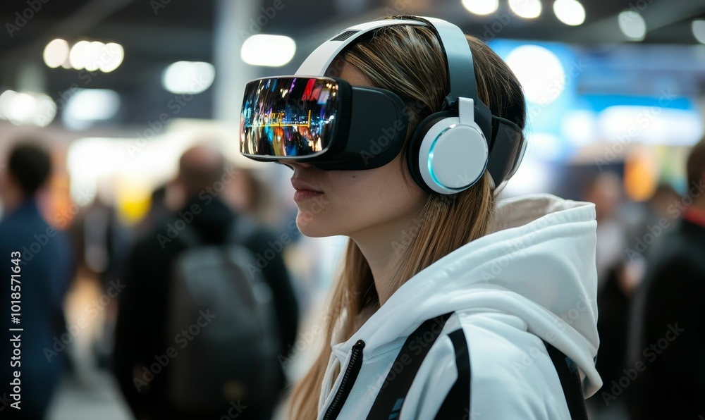 Woman wearing VR headset in a crowded place. Woman wearing VR headset in a crowded place.