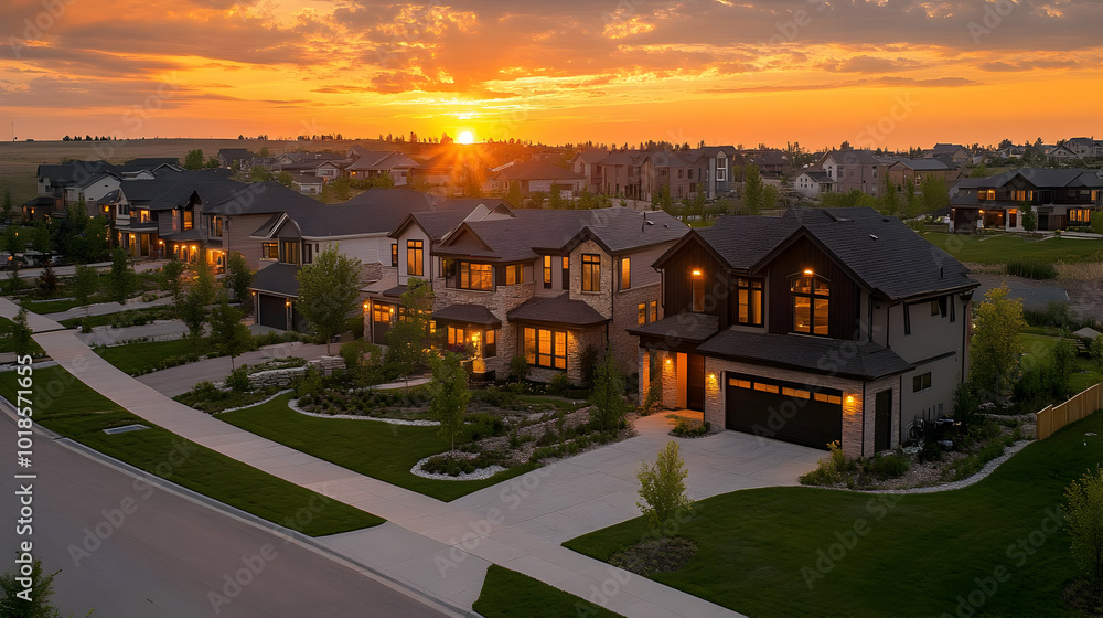 Modern Suburban Houses Glow with Warm Light at Sunset in Serene Neighborhood Modern Suburban Houses Glow with Warm Light at Sunset in Serene Neighborhood