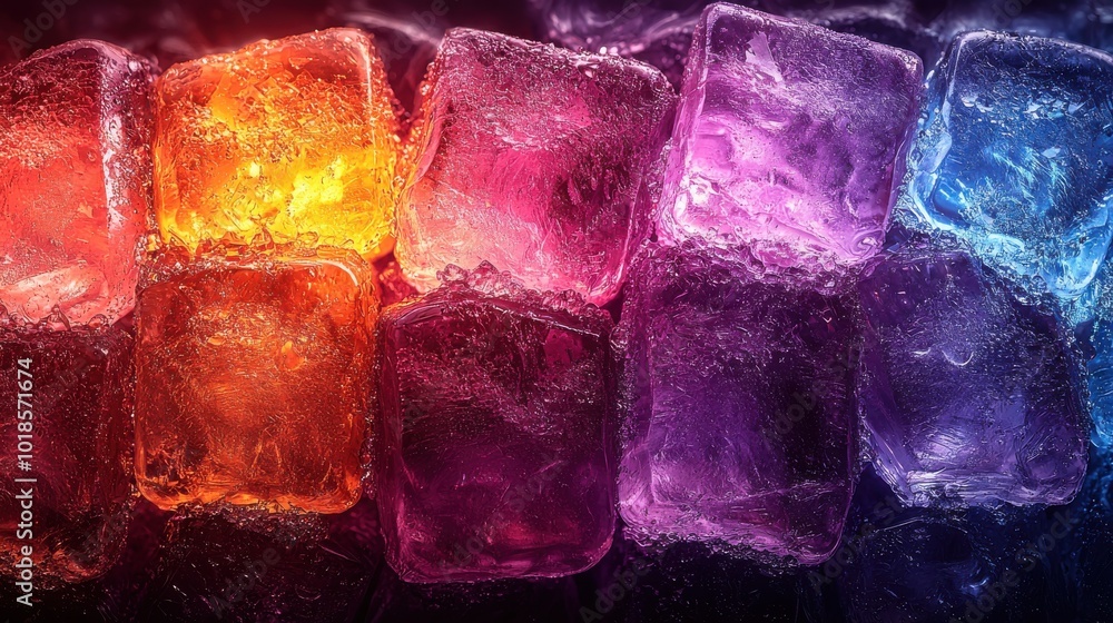 Colorful ice cubes arranged in a row, illuminated with vibrant hues of orange, purple, and pink against a dark background Colorful ice cubes arranged in a row, illuminated with vibrant hues of orange, purple, and pink against a dark background