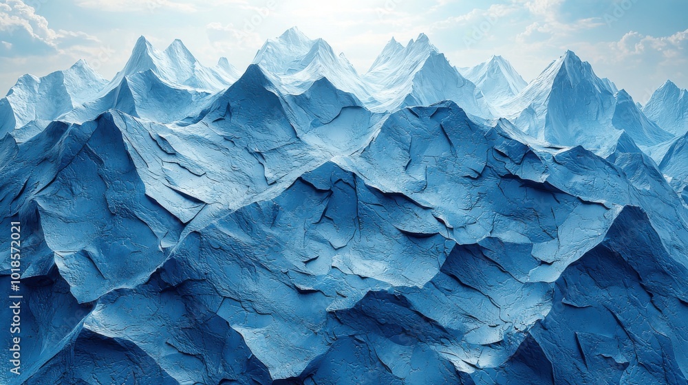 Fototapeta premium Majestic icy mountain range under a bright sky with textured peaks and sunlight illuminating the snow-covered surfaces