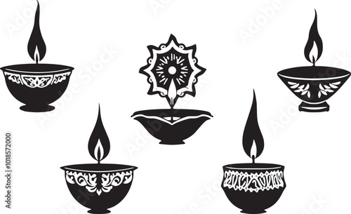 Set of Diwali diya on a white background. Vector illustration