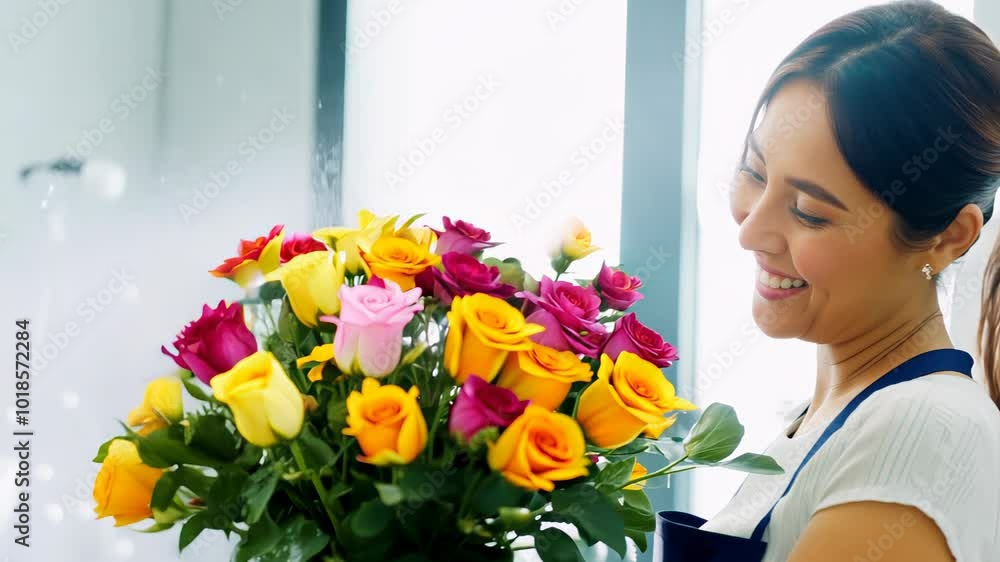 smiling florist holds a vibrant bouquet of yellow, pink, and purple roses, creating a cheerful and colorful floral arrangement in a bright flower shop smiling florist holds a vibrant bouquet of yellow, pink, and purple roses, creating a cheerful and colorful floral arrangement in a bright flower shop