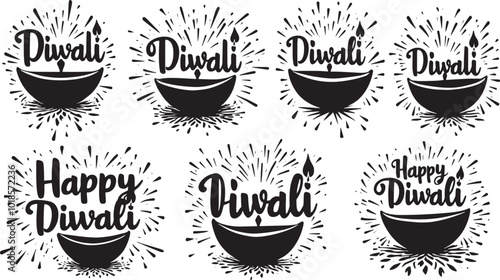 Happy Diwali calligraphy lettering set. Handwritten text for greeting cards, posters, banners, flyers, and party invitations. Vector illustration