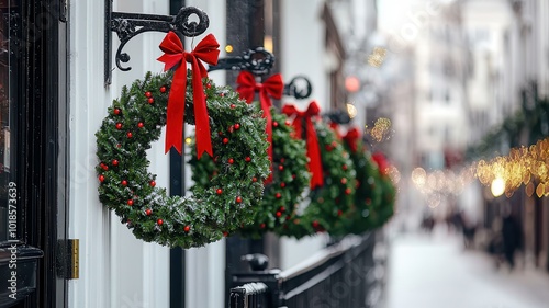 Decorative Christmas wreaths adorned with red bows, hanging on a charming winter street. photo