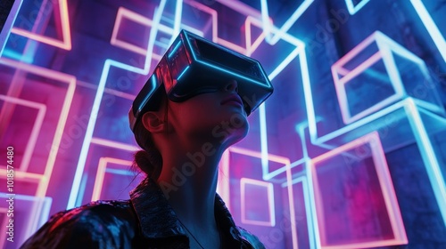 Female in futuristic headset amidst luminous patterns