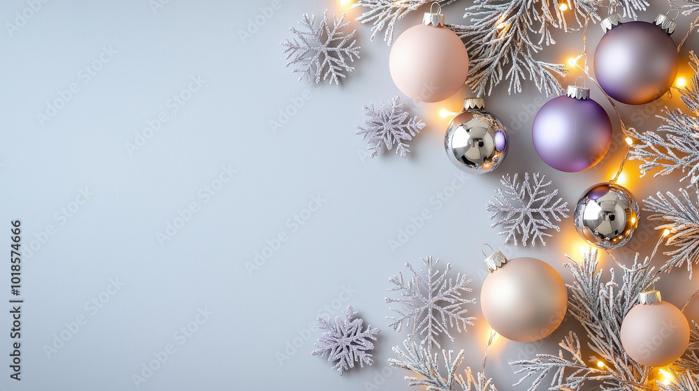 Festive arrangement of Christmas ornaments and snowflakes with warm fairy lights on a soft pastel blue background Festive arrangement of Christmas ornaments and snowflakes with warm fairy lights on a soft pastel blue background