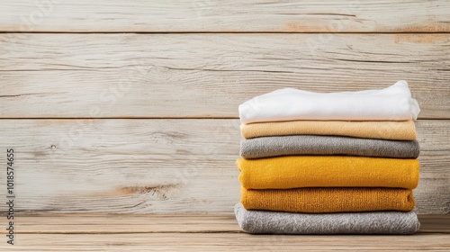 Freshly laundered clothes neatly folded on a vintage wooden table, rustic laundry setting, charm and simplicity