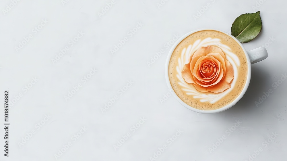 A single rose in bloom etched delicately into latte foam, latte art etching, romantic floral concept A single rose in bloom etched delicately into latte foam, latte art etching, romantic floral concept