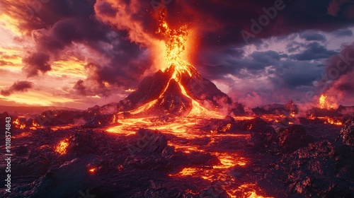 A powerful volcanic eruption with flowing lava and dark clouds, showcasing the raw beauty and intensity of Earth's natural forces.