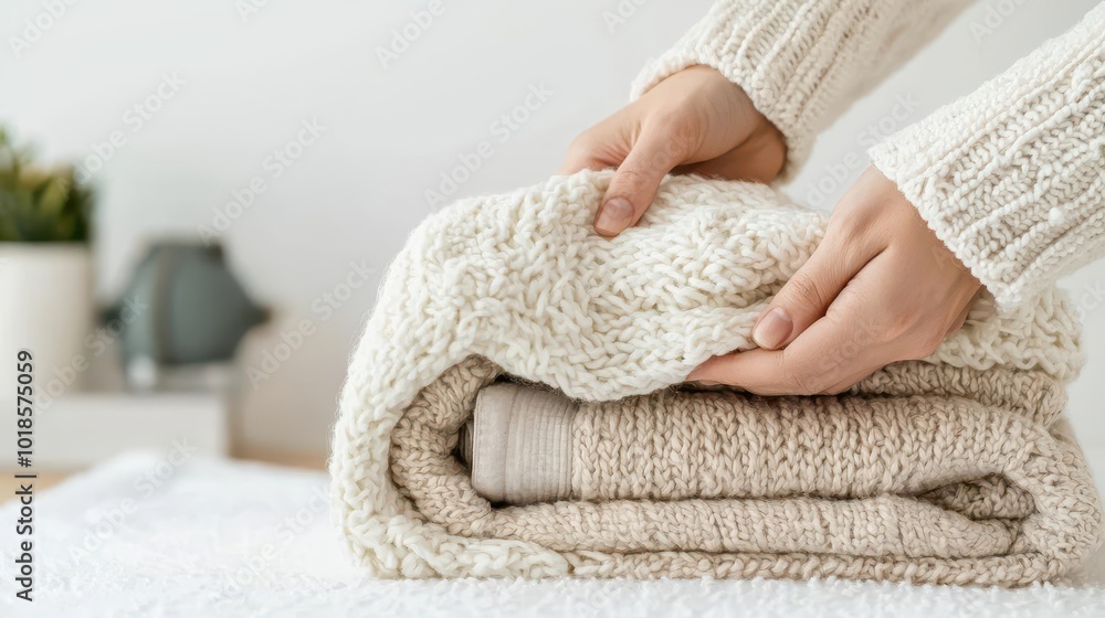 Gentle hands folding a warm, freshly laundered blanket, caring for laundry, comfort and cleanliness Gentle hands folding a warm, freshly laundered blanket, caring for laundry, comfort and cleanliness