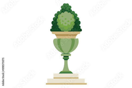 Watercolor topiary in elegant urn, illustration on white background.