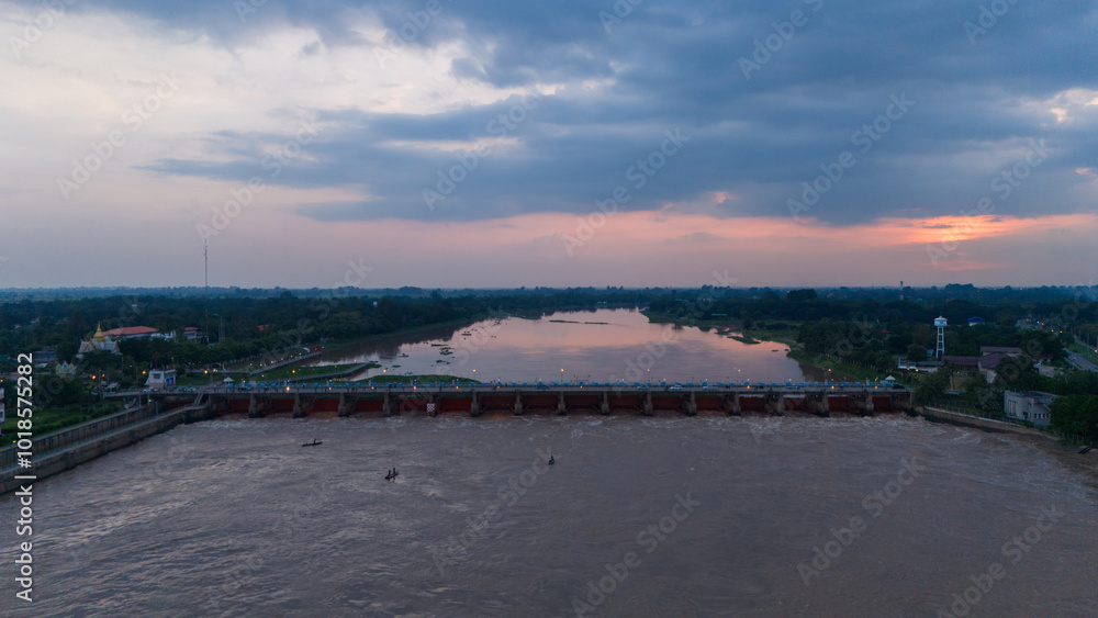 Chao Phraya Dam during sunset, beautiful blue light Chao Phraya Dam during sunset, beautiful blue light