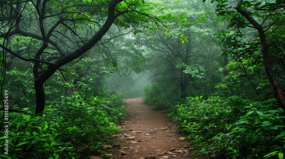 Fototapeta premium Mystical Forest Path in a Foggy Day