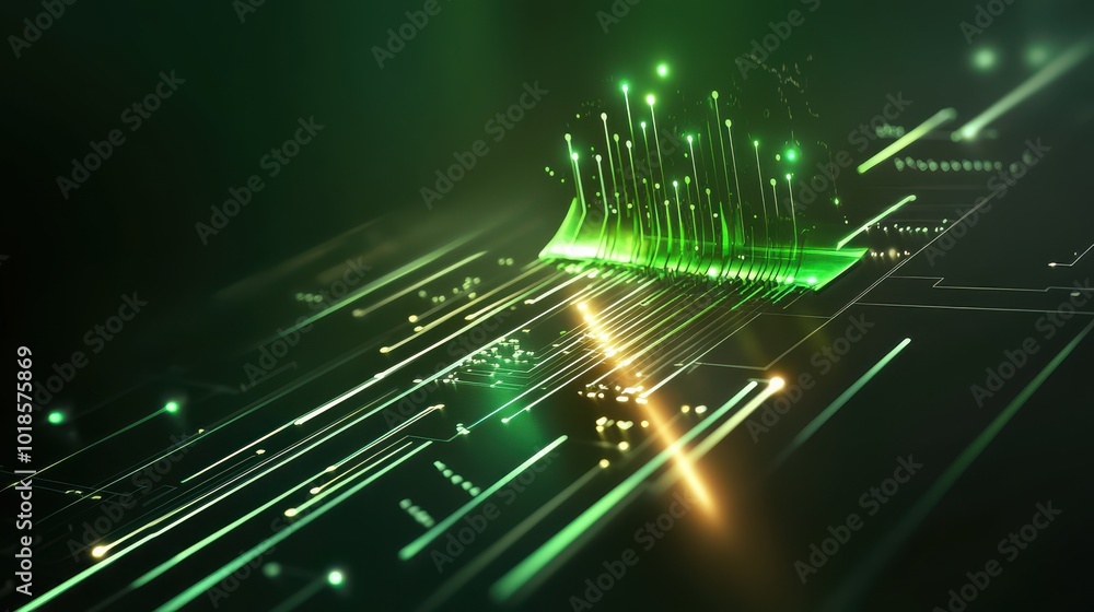 Obraz premium High-tech green 3D background with digital elements and glowing effects, ideal for futuristic and tech-oriented projects
