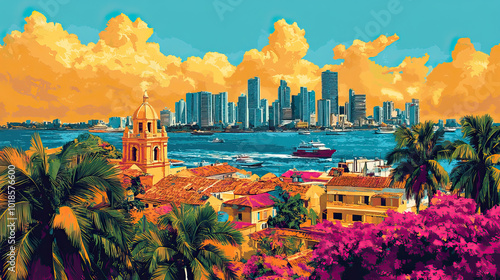 Cartagena, Colombia, color wood block print effect. Woodblock printing. Graphic designed, illustration for travel poster, card, wallpaper, backdrop or banner. Modern, clear, artistic and simple