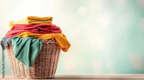 Pile of colorful clothes spilling from a wicker basket, soft natural light, laundry overflow, home comfort and daily life