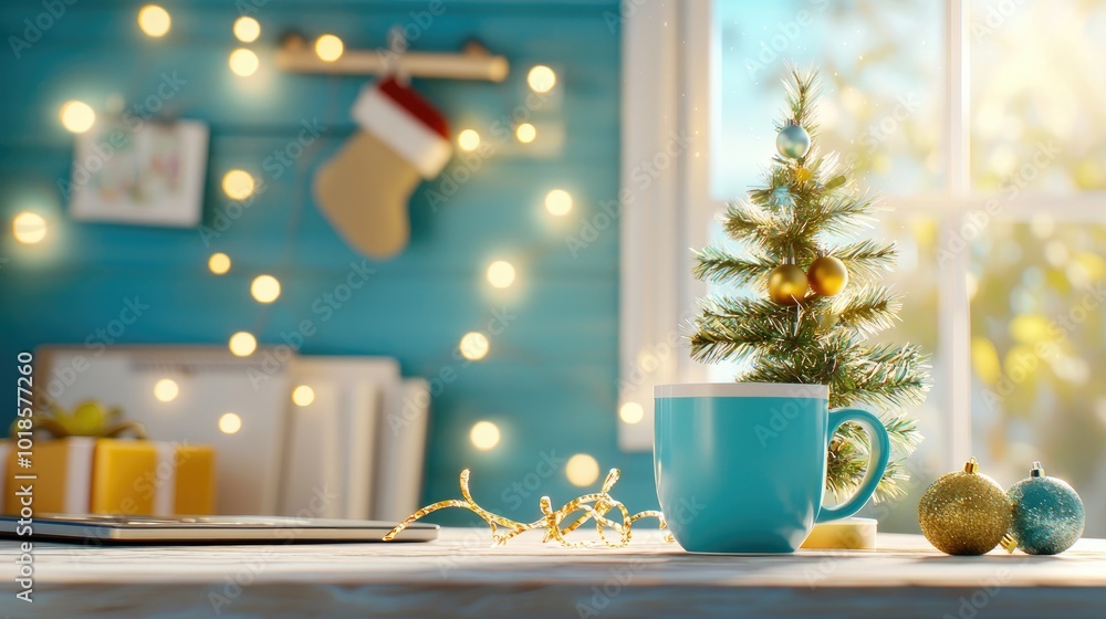 Cozy Home Office with Christmas Tree and Decoration Cozy Home Office with Christmas Tree and Decoration