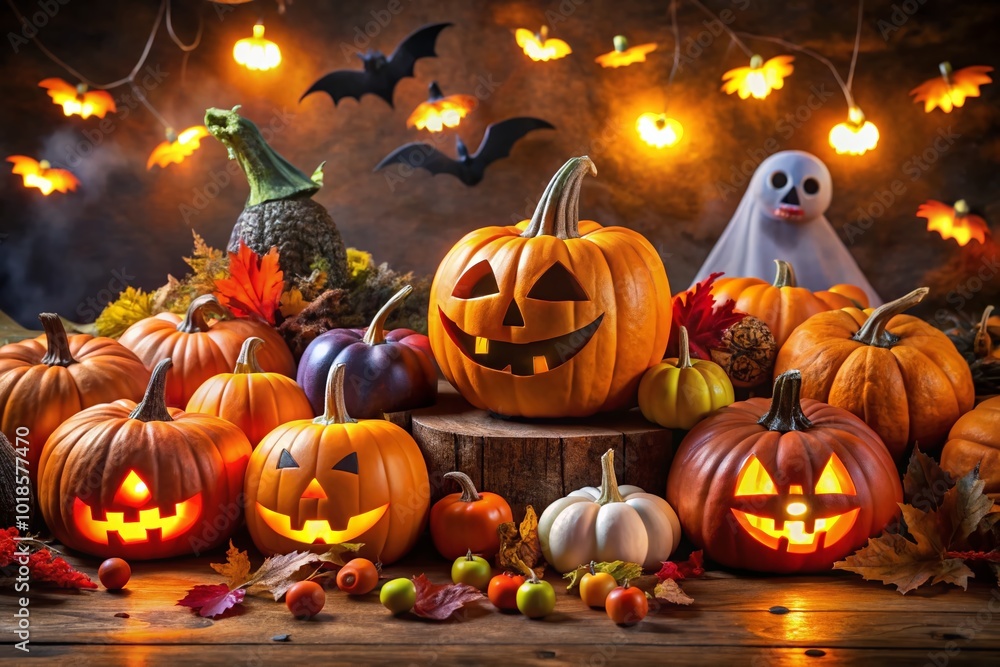 Fototapeta premium Delight in this colorful Halloween clipart set! It includes pumpkins, playful ghosts, bats, and spooky decorations in