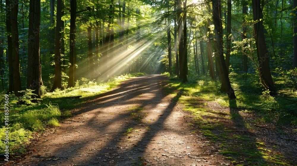 Obraz premium Sunbeams Through the Trees in a Lush Forest