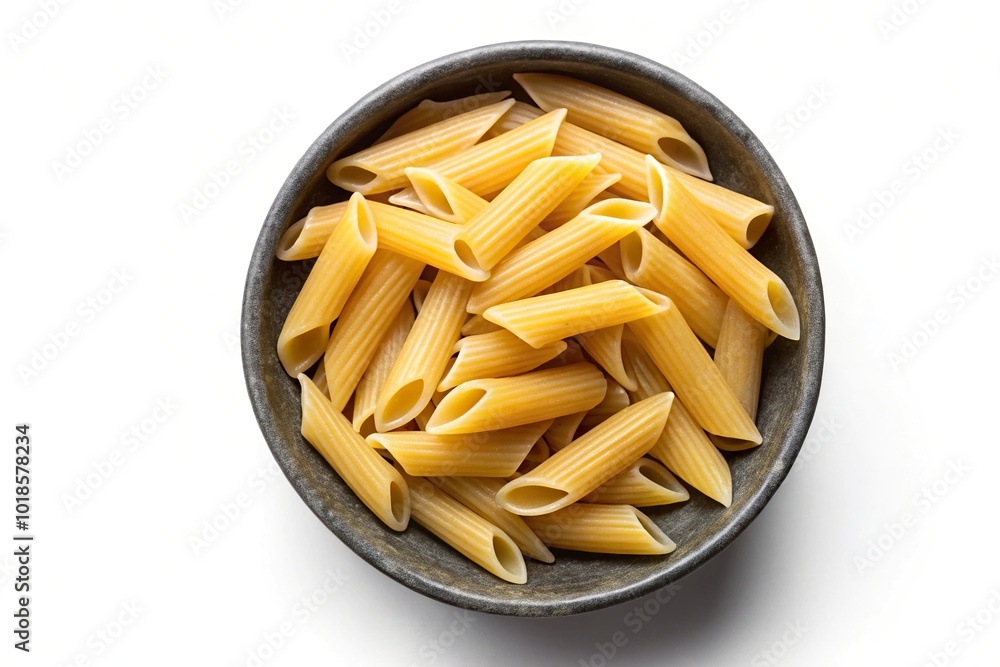Aerial view of raw penne rigate pasta in dark grey bowl on white background Aerial view of raw penne rigate pasta in dark grey bowl on white background