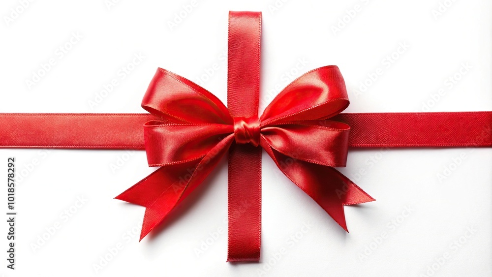 Aerial view of red bow with long ribbon on white background Aerial view of red bow with long ribbon on white background