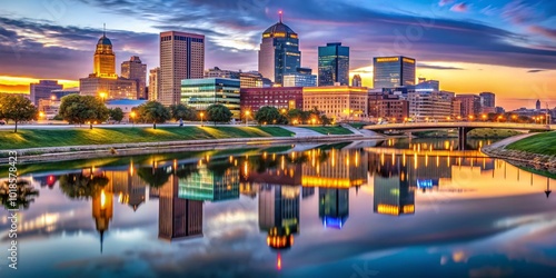 Des Moines, IA dazzles at dusk with a vibrant skyline, showcasing stunning reflections that enhance the cityscape's