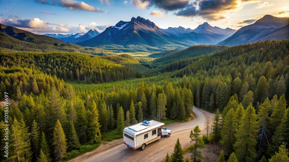 Aerial view of RV surrounded by forest and mountains Aerial view of RV surrounded by forest and mountains